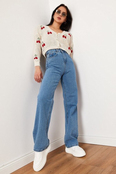 Düz S.o.l.m.a.z Mavi Likralı Süper Yüksek Bel Salaş Jean Pantolon. (SÜPER YÜKSEK) Wide Leg