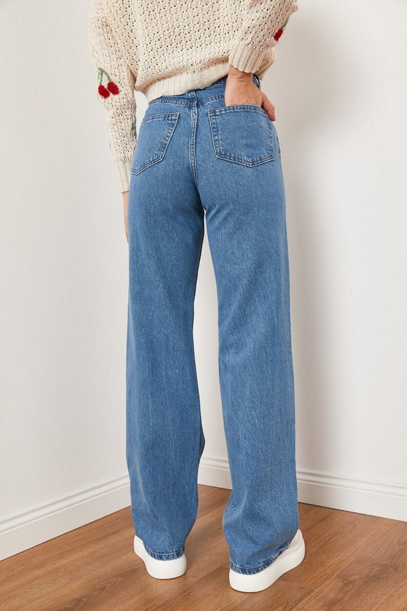 Düz S.o.l.m.a.z Mavi Likralı Süper Yüksek Bel Salaş Jean Pantolon. (SÜPER YÜKSEK) Wide Leg