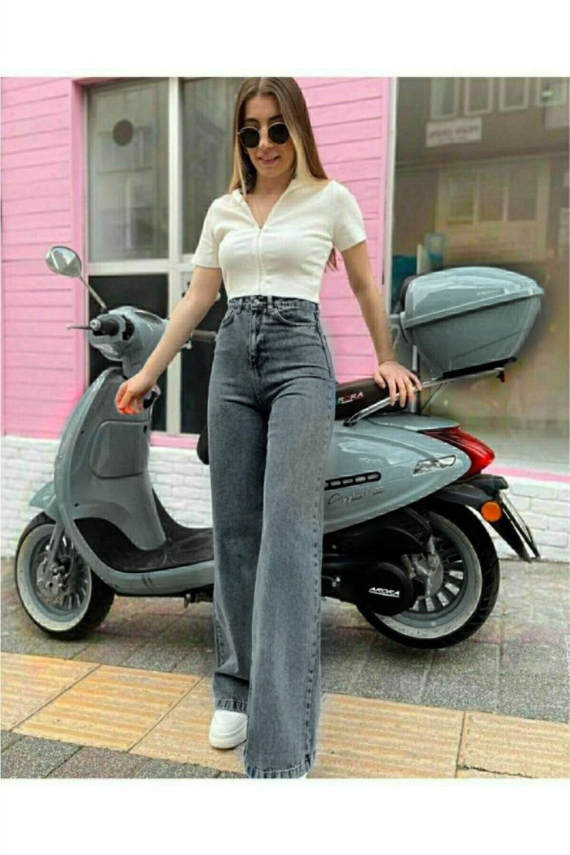 Füme Power Likralı Süper Yüksek Bel Salaş Jeans Palazzo Pantolon Füme Power Likralı Süper Yüksek Bel Salaş Jeans Palazzo Pantolon