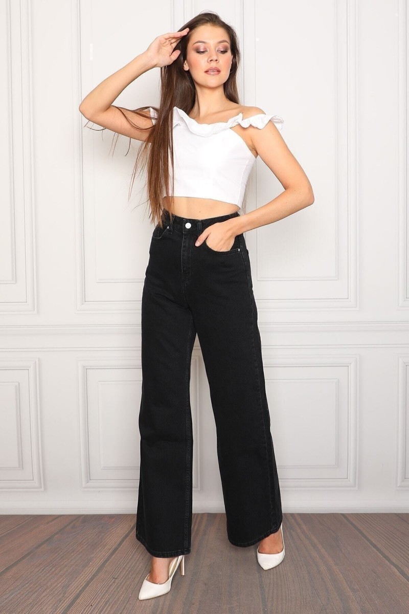 Solmaz Siyah Süper Yüksek Bel Salaş Jean Palazzo Pantolon( Süper Yüksek ) Wide Leg.