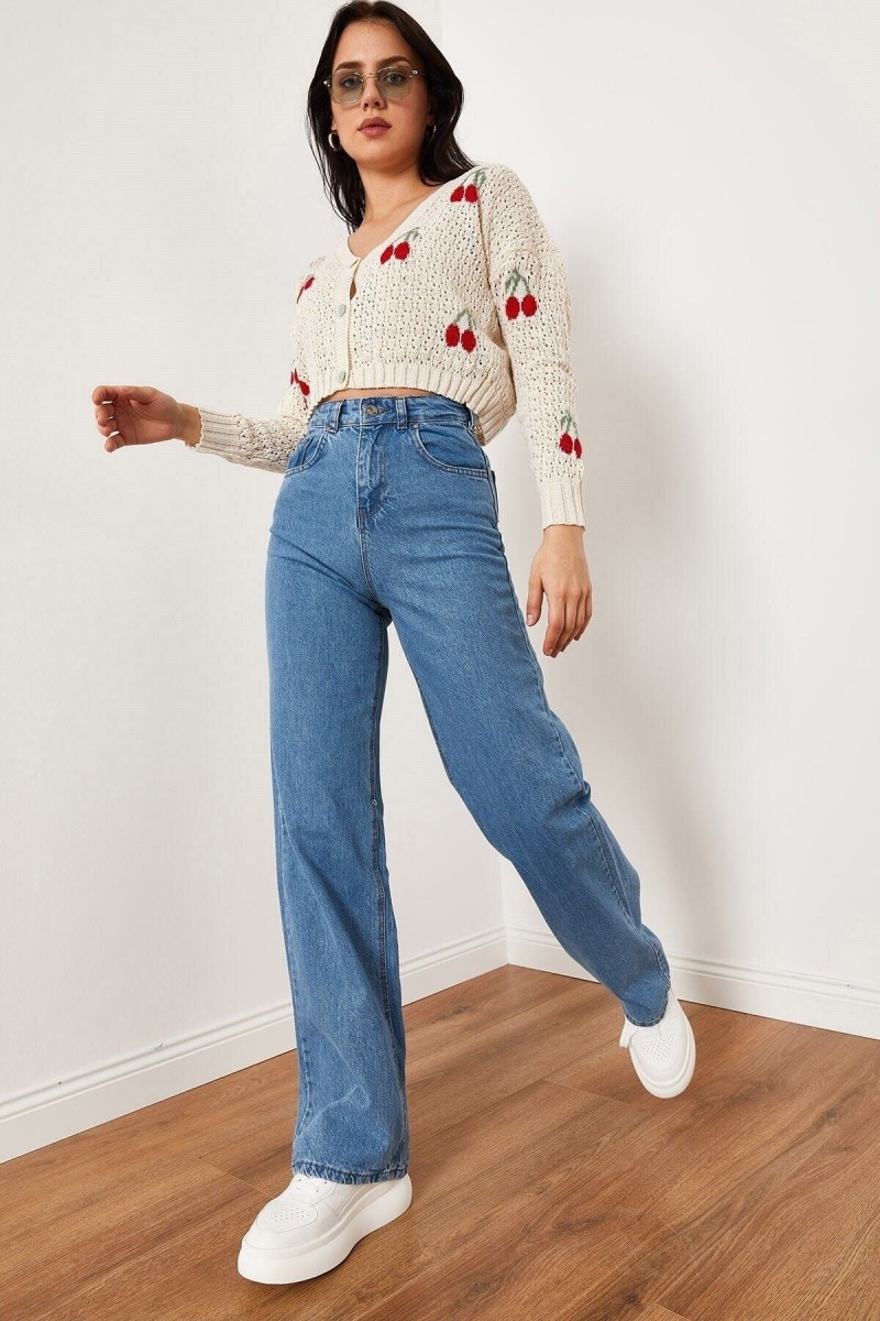 Düz S.o.l.m.a.z Mavi Likralı Süper Yüksek Bel Salaş Jean Pantolon. (SÜPER YÜKSEK) Wide Leg