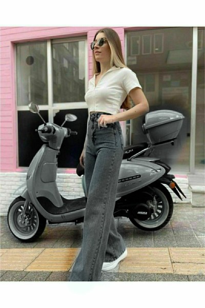 Füme Power Likralı Süper Yüksek Bel Salaş Jeans Palazzo Pantolon