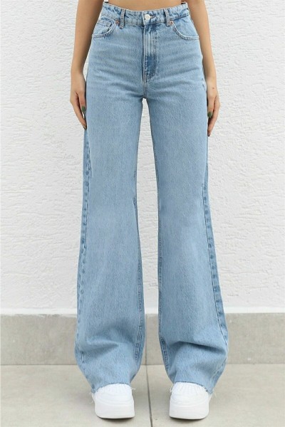 Likralı 90's Kadın Mavi Süper Yüksek Bel Salaş Paça Denim Kot Palazzo Pantolon