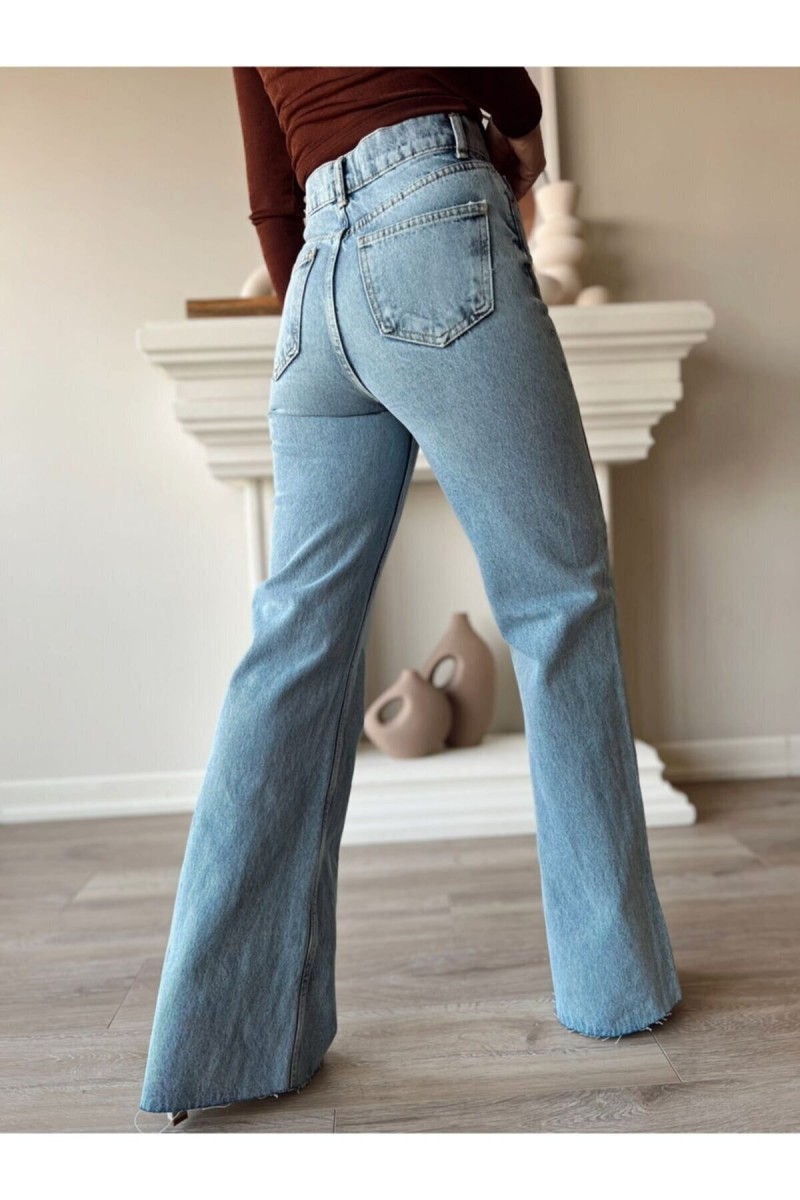 Queen 2 Kadın Salaş Likralı 90's Solmayan Siyah Süper Yüksek Bel Bol Paça Denim Kot Palazzo Pantolon