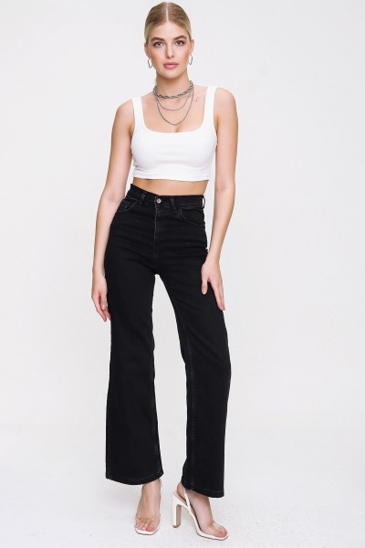 Cendy Kadın Salaş Likralı 90's Solmayan Siyah Süper Yüksek Bel Salaş Paça Denim Kot Palazzo Pantolon