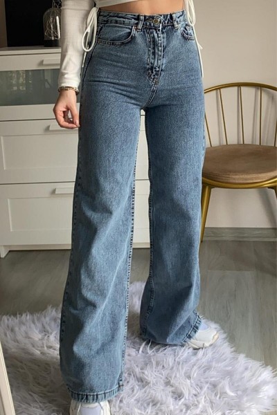 Dark Kadın Salaş Likralı 90's Solmayan Mavi Süper Yüksek Bel Salaş Paça Denim Kot Palazzo Pantolon