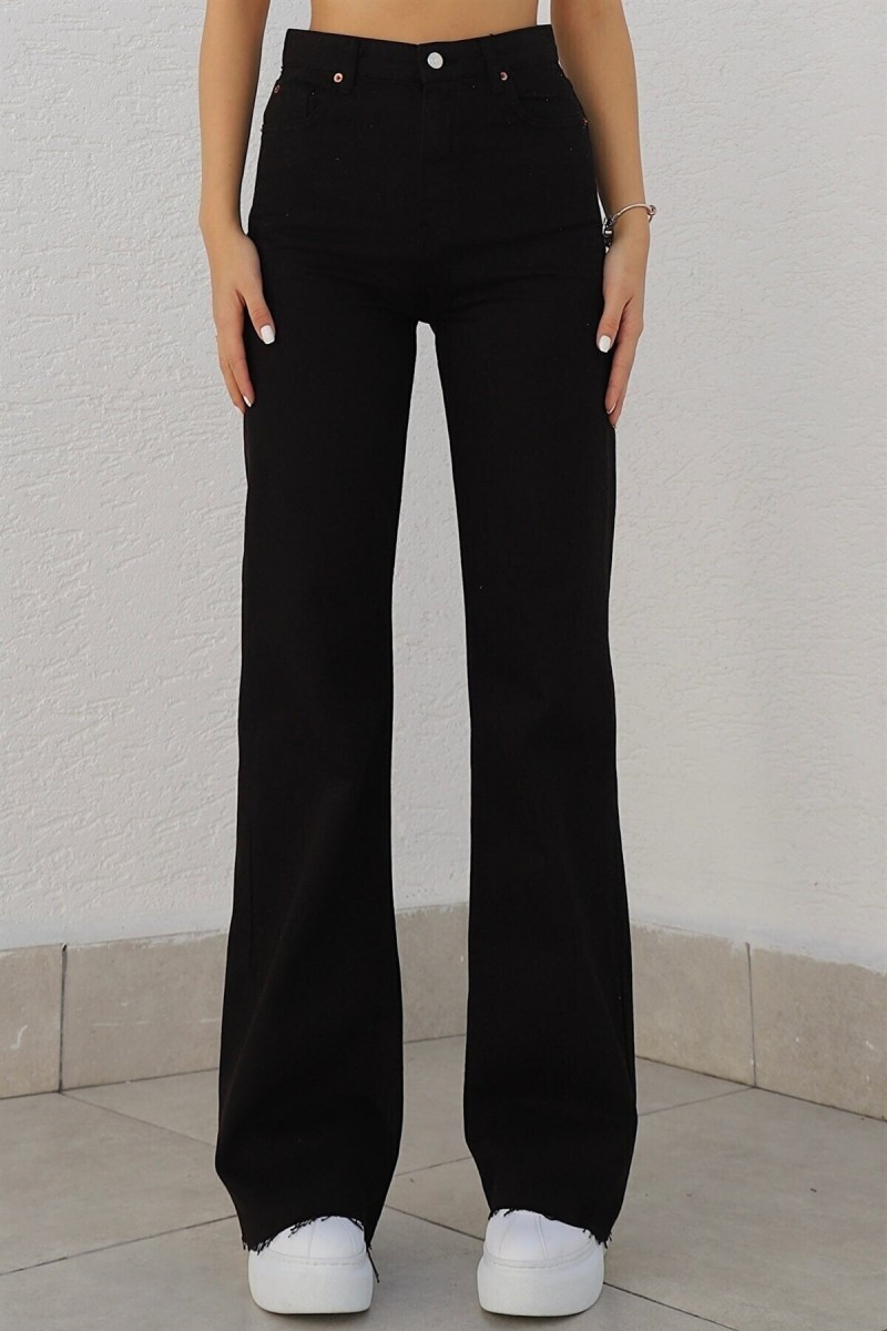 Kadın Salaş Likralı 90's Solmayan Siyah Süper Yüksek Bel Bol Paça Kot Palazzo Pantolon