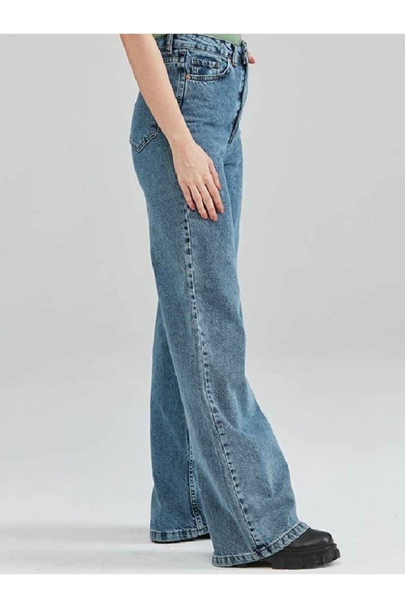 All Blue Likralı Kadın Orta Mavi Kar Süper Yüksek Bel Salaş Paça Denim Kot Palazzo Pantolon