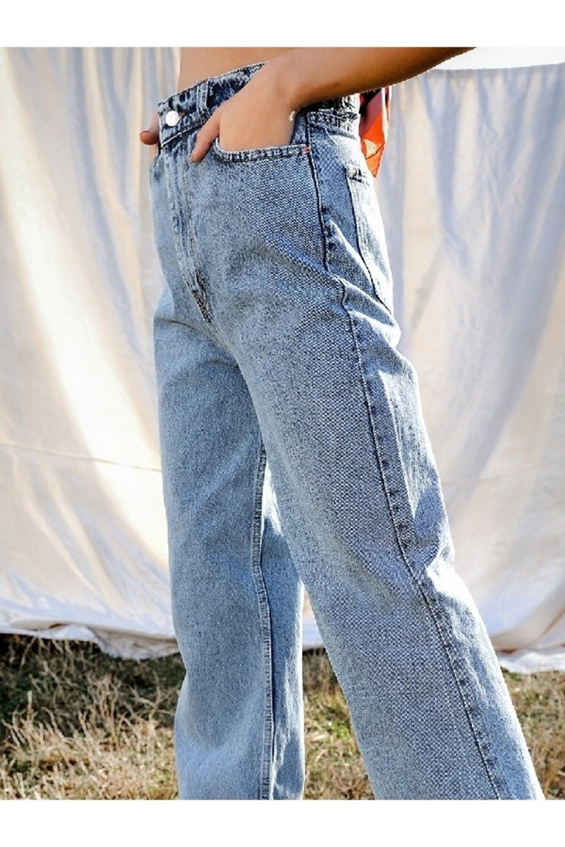 All Blue Likralı Kadın Orta Mavi Kar Süper Yüksek Bel Salaş Paça Denim Kot Palazzo Pantolon