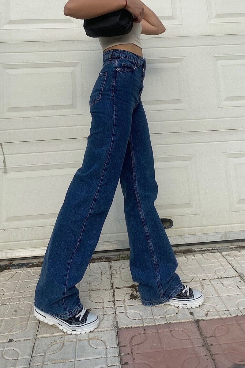 Kadın Likralı Kadın Koyu Mavi Süper Yüksek Bel Salaş Paça Denim Kot Palazzo Pantolon