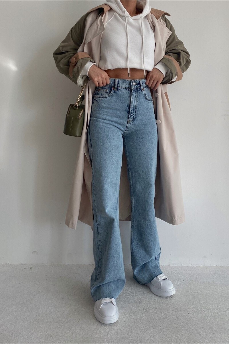 Ciqulata Kadın Salaş Likralı 90's Solmayan Mavi Kar Süper Yüksek Bel Bol Paça Kot Palazzo Pantolon