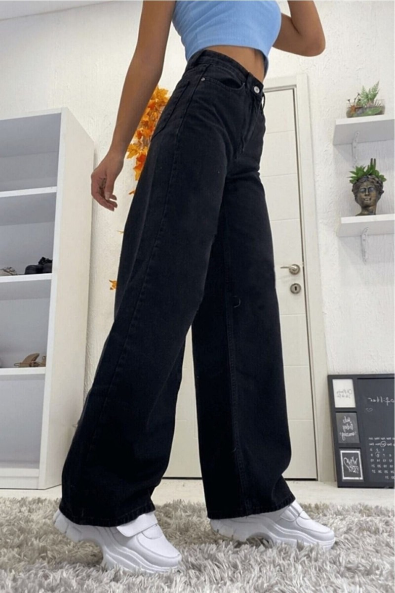 All Siyah Likralı Kadınsüper Yüksek Bel Salaş Paça Denim Kot Palazzo Pantolon
