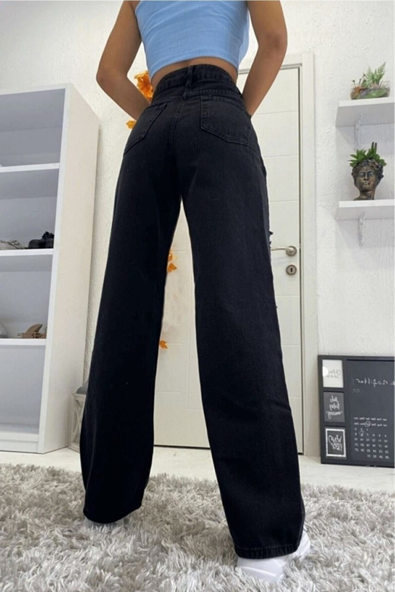 All Siyah Likralı Kadınsüper Yüksek Bel Salaş Paça Denim Kot Palazzo Pantolon