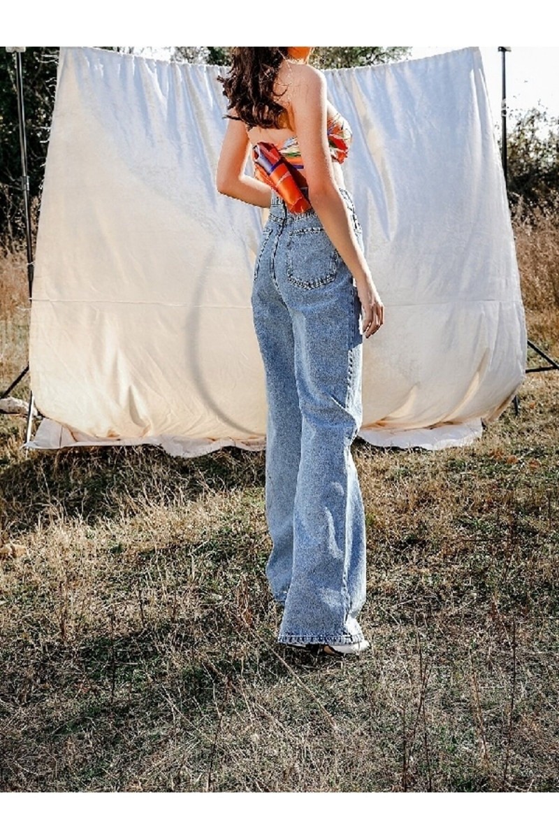 All Blue Likralı Kadın Orta Mavi Kar Süper Yüksek Bel Salaş Paça Denim Kot Palazzo Pantolon