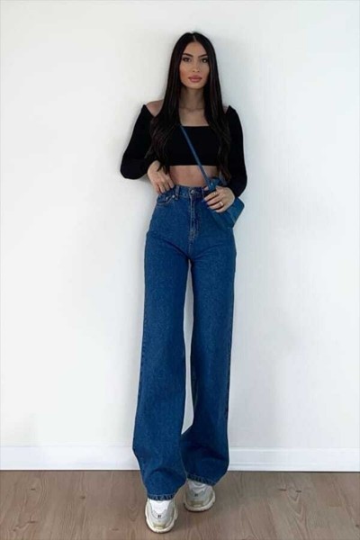 Kadın Salaş Likralı Kadın Mavi Süper Yüksek Bel Salaş Paça Denim Kot Palazzo Pantolon