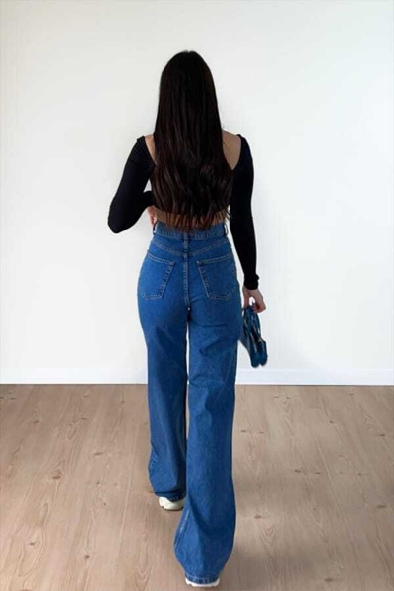 Kadın Salaş Likralı Kadın Mavi Süper Yüksek Bel Salaş Paça Denim Kot Palazzo Pantolon