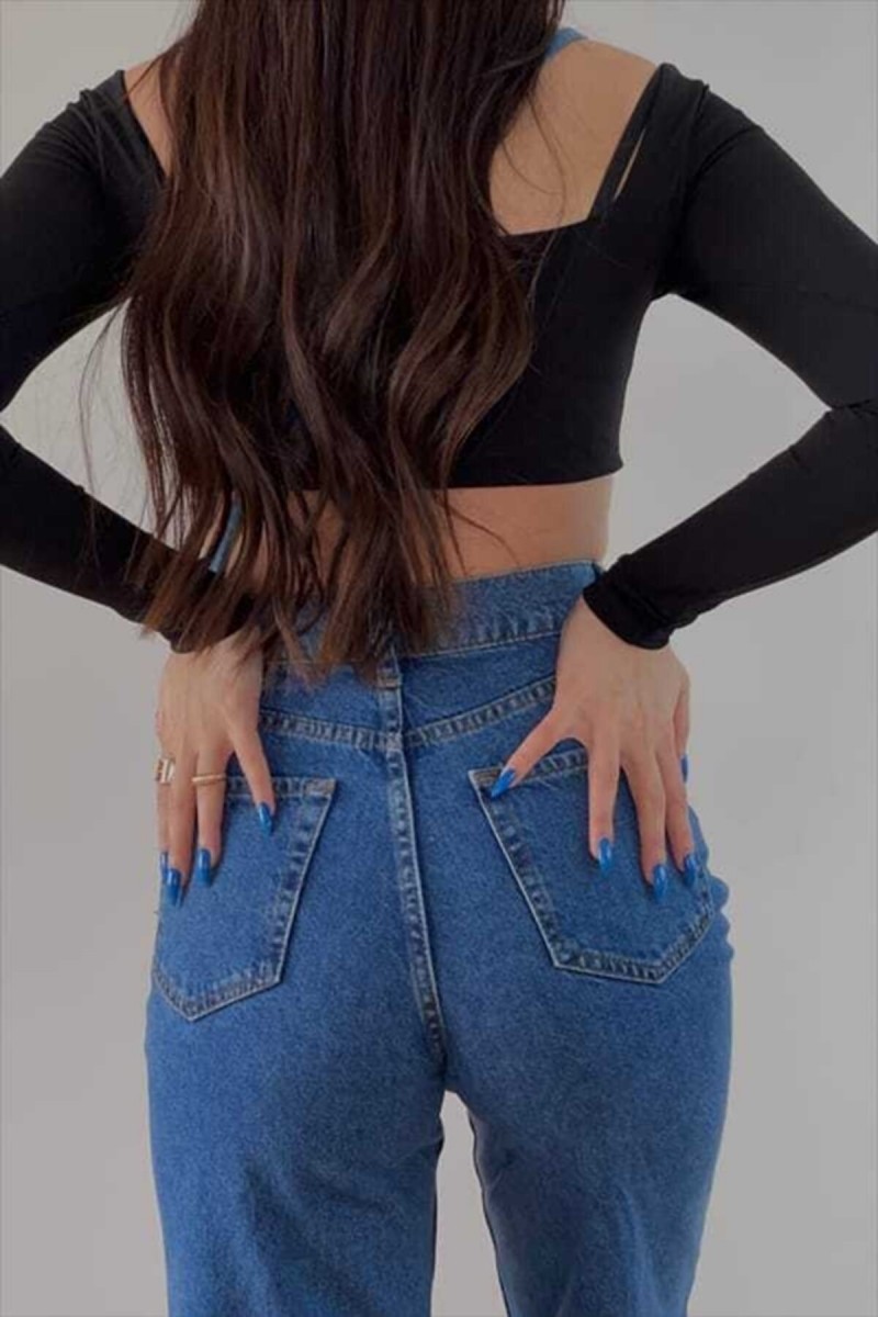 Kadın Salaş Likralı Kadın Mavi Süper Yüksek Bel Salaş Paça Denim Kot Palazzo Pantolon