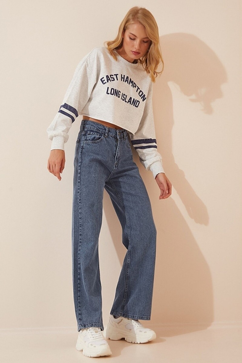 Sofia 90's Likralı Kadın Mavi Kar Süper Yüksek Bel Salaş Paça Denim Kot Palazzo Pantolon