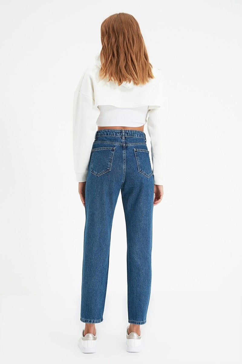 Syndra Orta Mavi Yüksek Bel Likralı Mom Jeans Denim Kot Pantolon