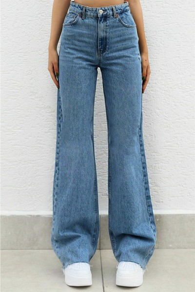 Lufian 90's Likralı Kadın Mavi Kar Süper Yüksek Bel Salaş Paça Denim Kot Palazzo Pantolon