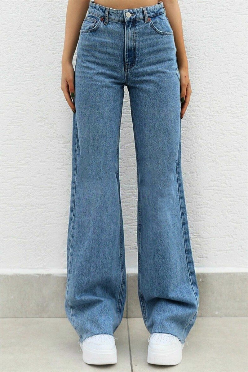 Lufian 90's Likralı Kadın Mavi Kar Süper Yüksek Bel Salaş Paça Denim Kot Palazzo Pantolon