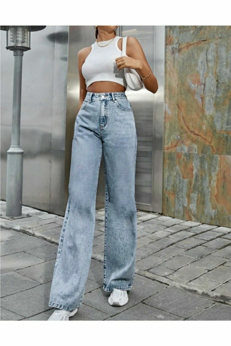 Loa 90's Likralı Kadın Mavi Kar Süper Yüksek Bel Salaş Paça Denim Kot Palazzo Pantolon