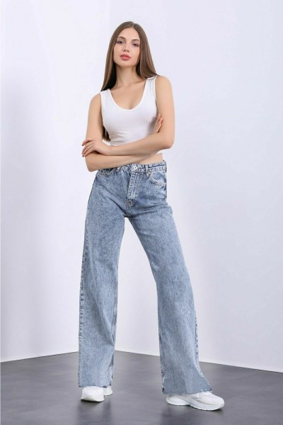 Justin 90's Likralı Kadın Mavi Kar Süper Yüksek Bel Salaş Paça Denim Kot Palazzo Pantolon