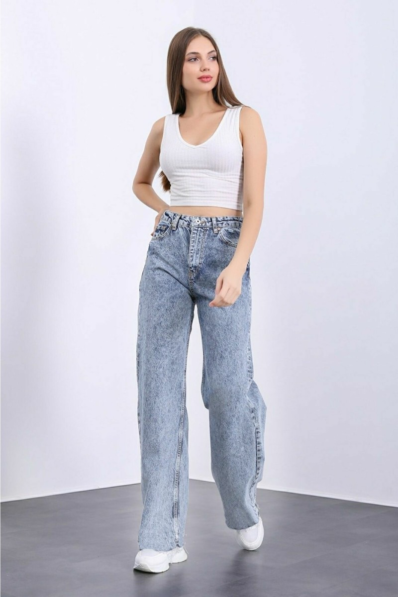 Justin 90's Likralı Kadın Mavi Kar Süper Yüksek Bel Salaş Paça Denim Kot Palazzo Pantolon