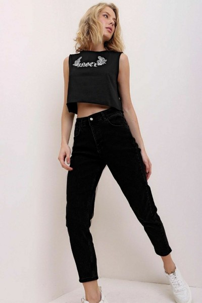 Orianna Siyah Yüksek Bel Likralı Mom Jeans Denim Kot Pantolon