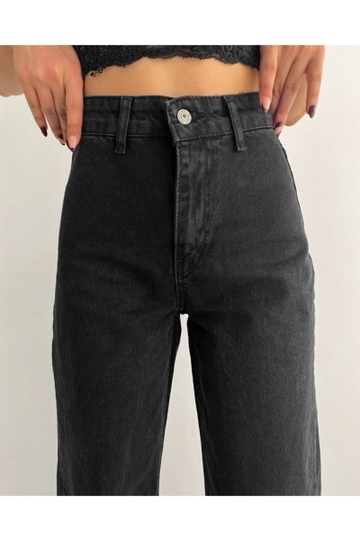 Polina 90 s Likralı Kadın Siyah Süper Yüksek Bel Salaş Paça Denim Kot Palazzo Pantolon