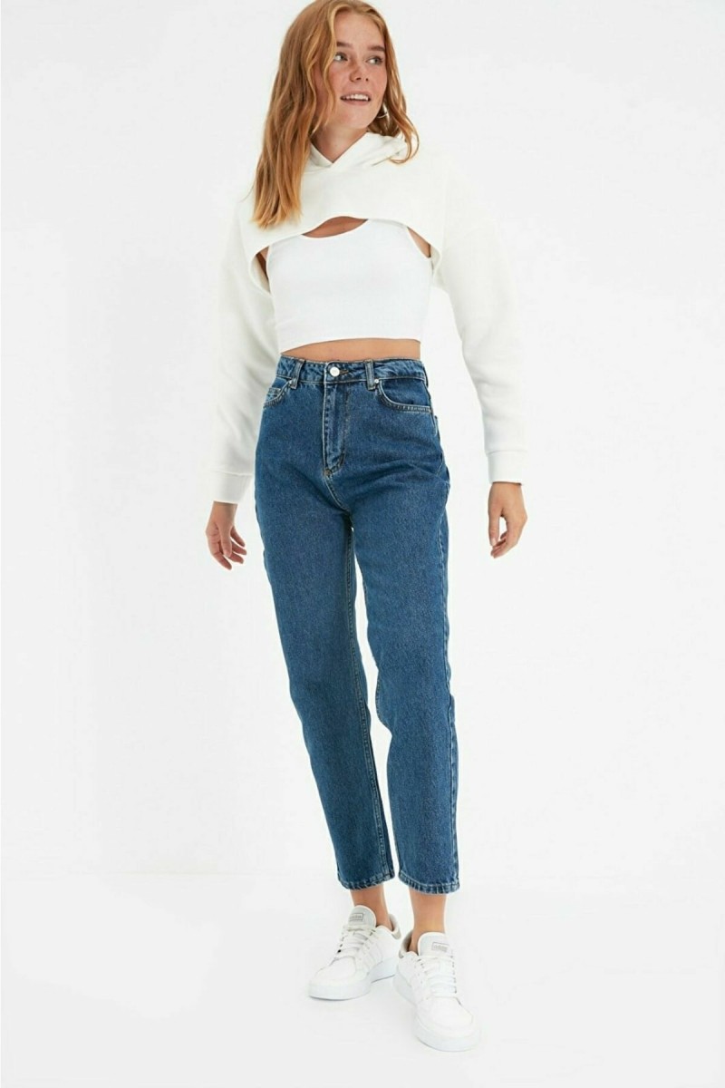 Syndra Orta Mavi Yüksek Bel Likralı Mom Jeans Denim Kot Pantolon