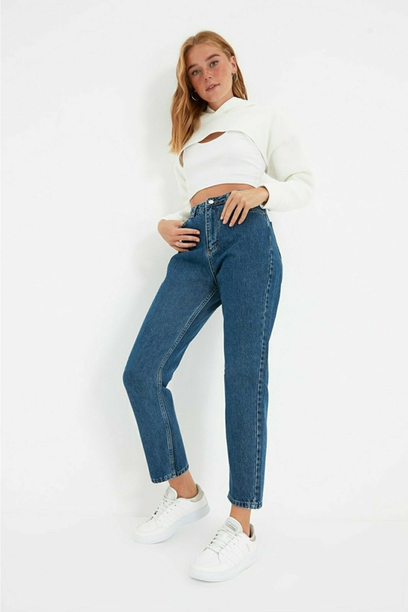 Syndra Orta Mavi Yüksek Bel Likralı Mom Jeans Denim Kot Pantolon