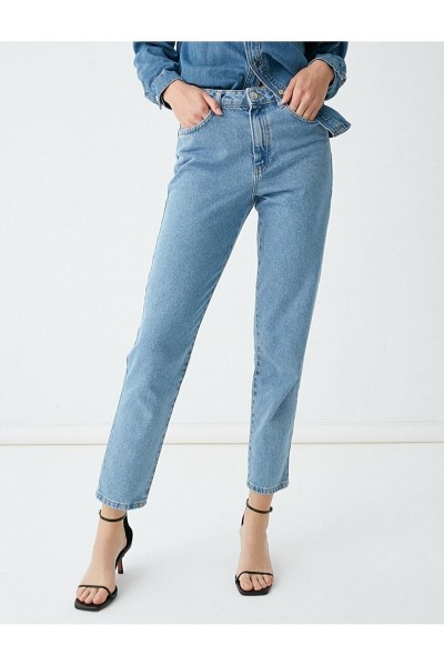 Irelia Açık Mavi Mavi Yüksek Bel Likralı Mom Jeans Denim Kot Pantolon