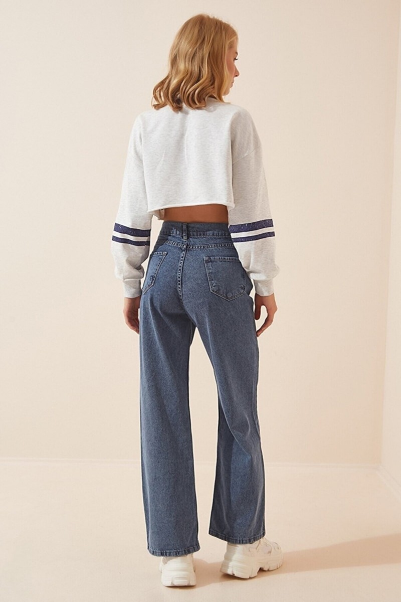 Sofia 90's Likralı Kadın Mavi Kar Süper Yüksek Bel Salaş Paça Denim Kot Palazzo Pantolon