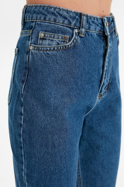 Syndra Orta Mavi Yüksek Bel Likralı Mom Jeans Denim Kot Pantolon