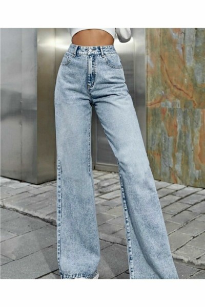 Loa 90's Likralı Kadın Mavi Kar Süper Yüksek Bel Salaş Paça Denim Kot Palazzo Pantolon