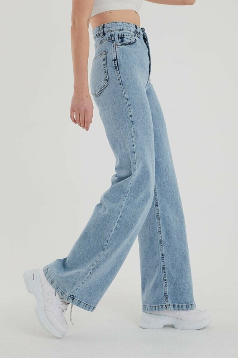Juli 90's Likralı Kadın Mavi Kar Süper Yüksek Bel Salaş Paça Denim Kot Palazzo Pantolon