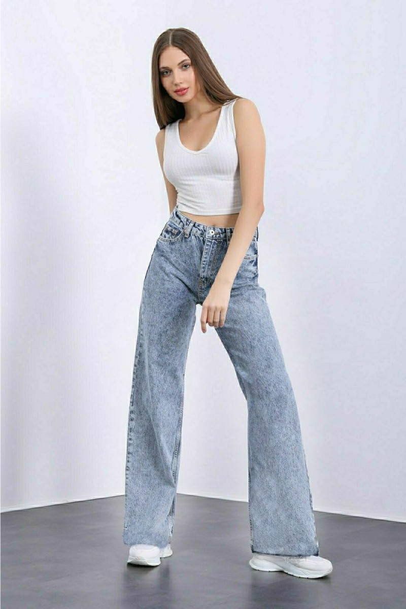 Justin 90's Likralı Kadın Mavi Kar Süper Yüksek Bel Salaş Paça Denim Kot Palazzo Pantolon