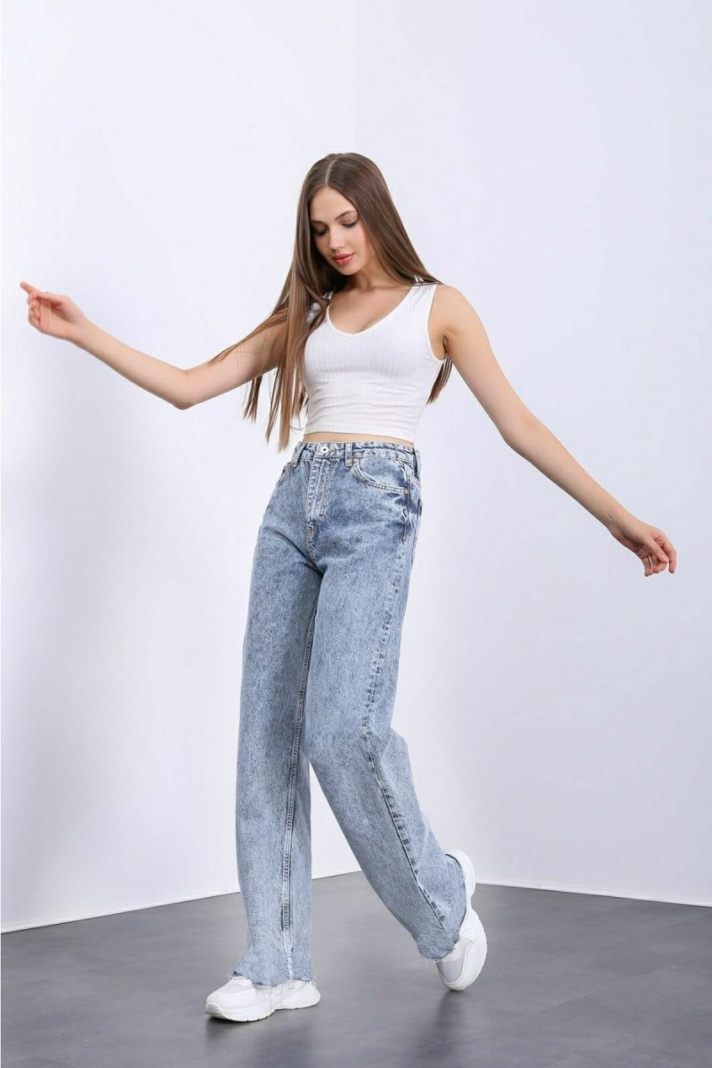 Justin 90's Likralı Kadın Mavi Kar Süper Yüksek Bel Salaş Paça Denim Kot Palazzo Pantolon