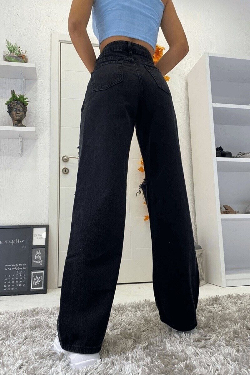 Froza Siyah Yırtık Detay Likralı Süper Yüksek Bel Salaş Jeans Palazzo Pantolon Süper Yüksek