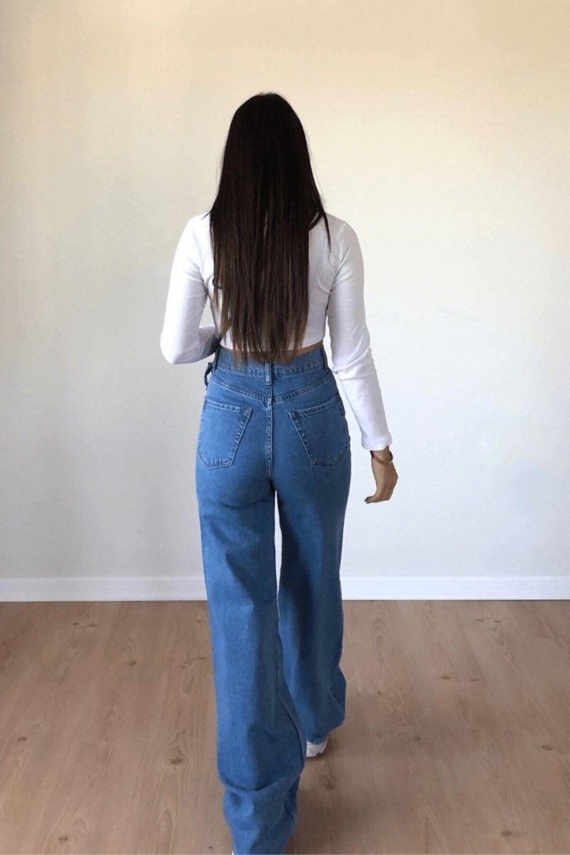 Luiz Likralı 90's Kadın Mavi Süper Yüksek Bel Salaş Paça Denim Kot Palazzo Pantolon