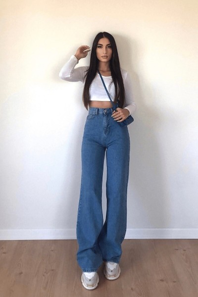 Luiz Likralı 90's Kadın Mavi Süper Yüksek Bel Salaş Paça Denim Kot Palazzo Pantolon