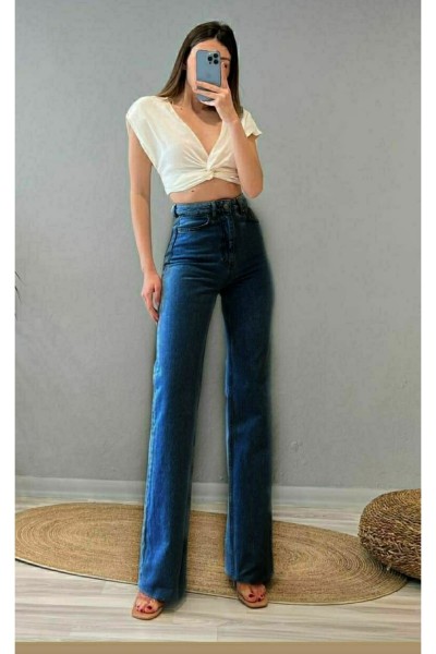 90's Mavi Likralı Süper Yüksek Bel Salaş Jeans Palazzo Pantolon Wide Leg