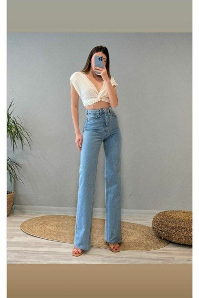 90's Mavi Likralı Süper Yüksek Bel Salaş Jeans Palazzo Pantolon (süper Yüksek) Wide Leg