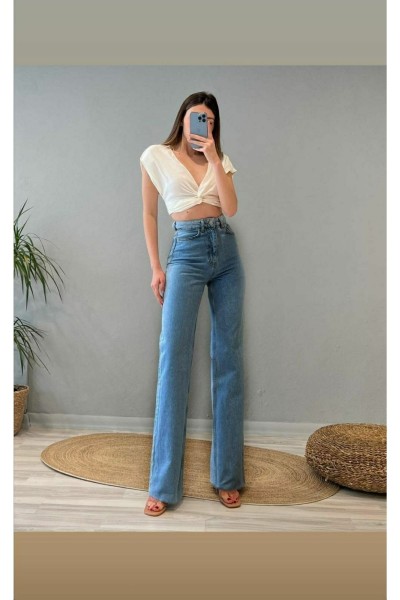 90's Mavi Likralı Süper Yüksek Bel Salaş Jeans Palazzo Pantolon. (süper Yüksek) Wide Leg