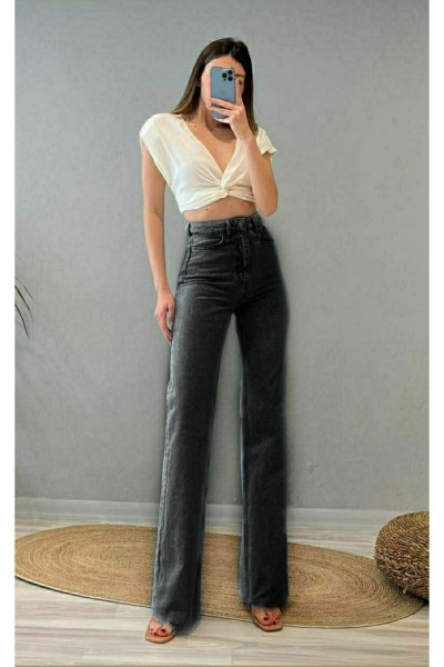 90 s Siyah Füme Kar Yıkama Likralı Süper Yüksek Bel Salaş Jeans Palazzo Pantolon Wide Leg