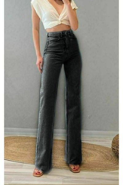 90 s Siyah Füme Kar Yıkama Likralı Süper Yüksek Bel Salaş Jeans Palazzo Pantolon Wide Leg