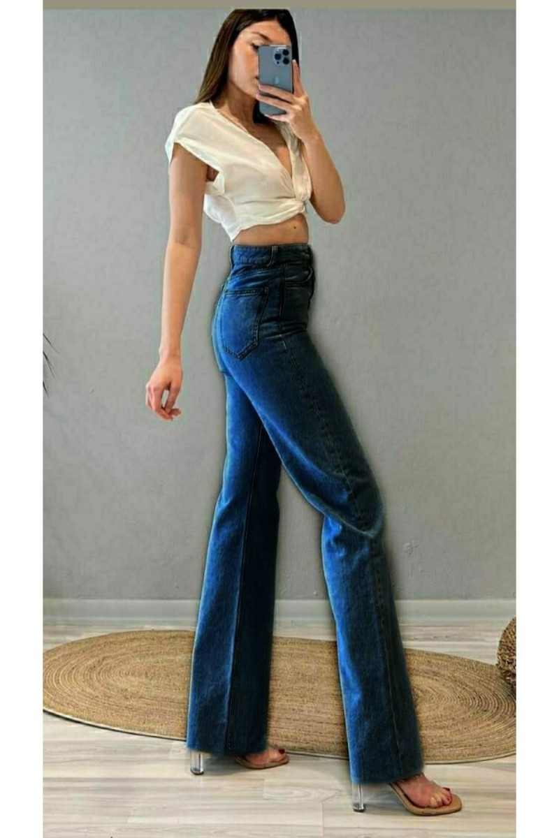 90's Mavi Likralı Süper Yüksek Bel Salaş Jeans Palazzo Pantolon Wide Leg