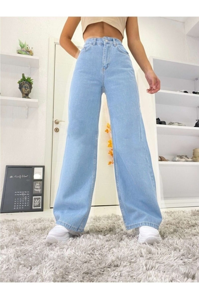 Jass 90's Solmaz Buz Mavi Likralı Süper Yüksek Bel Salaş Jean Pantolon Wide Leg