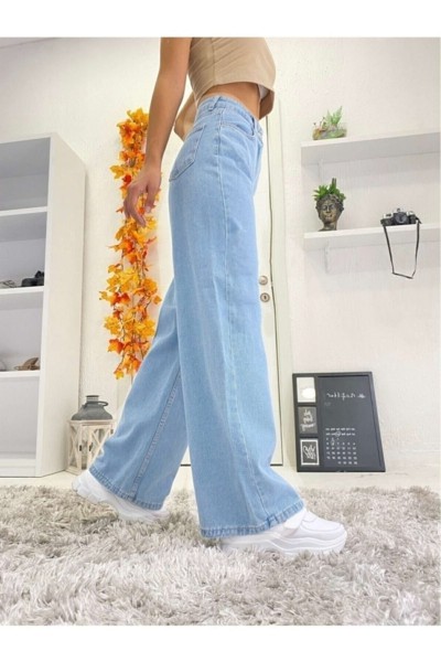 Jass 90's Solmaz Buz Mavi Likralı Süper Yüksek Bel Salaş Jean Pantolon Wide Leg